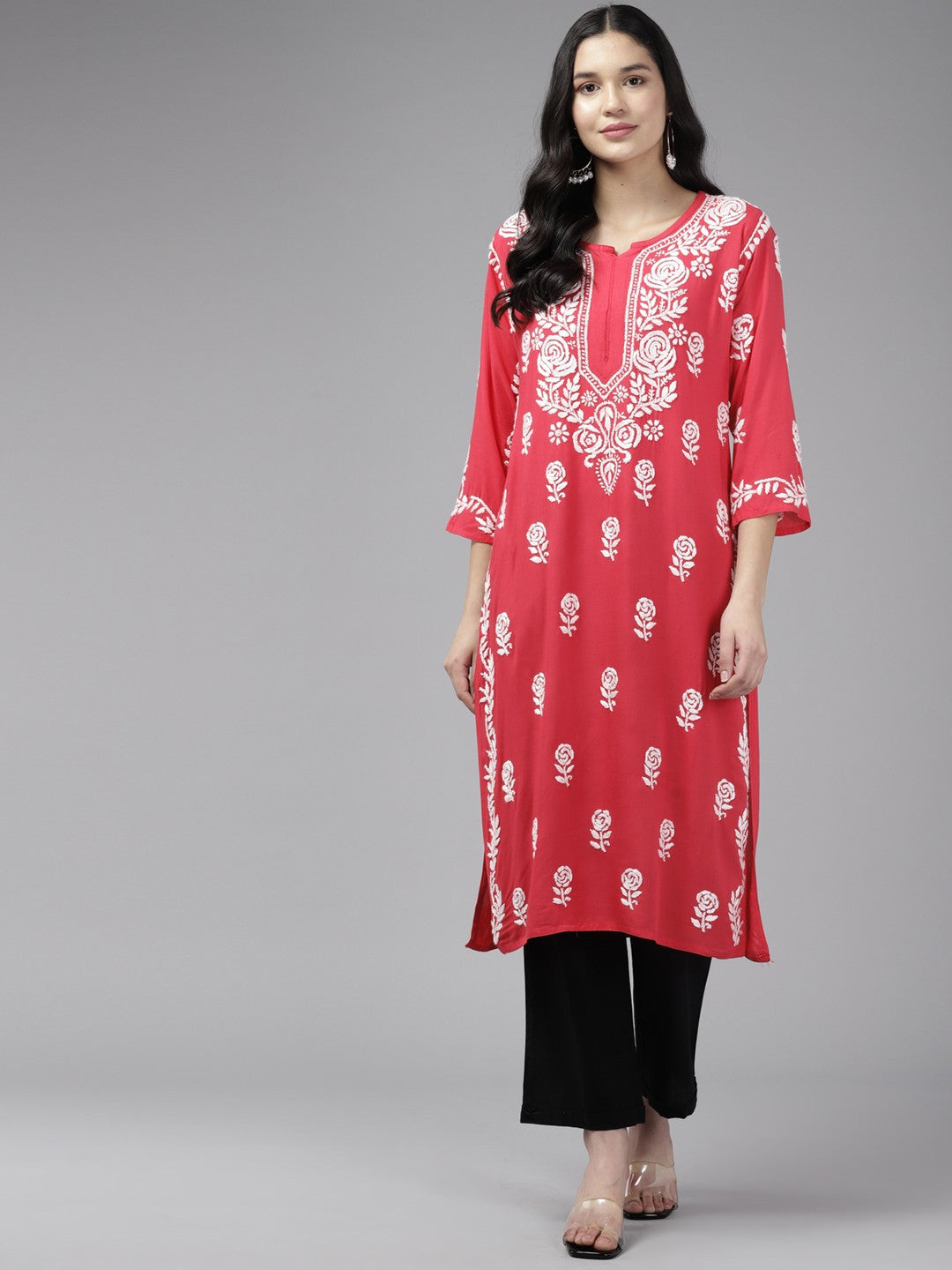 Ada Hand Embroidered Carrot Pink Rayon Lucknowi Chikankari Straight Kurta A411431