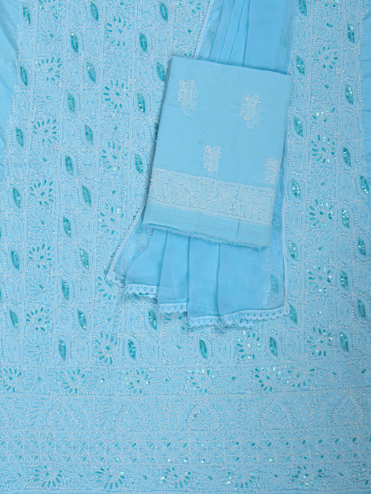 Ada Hand Embroidered Sky Blue Cotton Lucknowi Chikankari Unstitched Suit Piece With Sequinned Work 01A197851