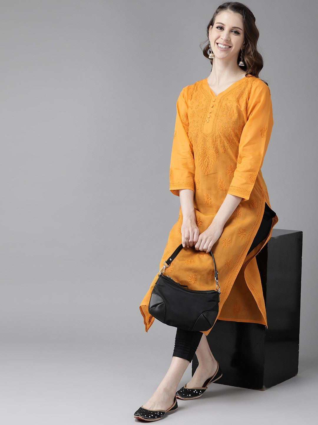 Ada Hand Embroidered Mustard Cotton Lucknowi Straight Chikankari Kurta Set A811174