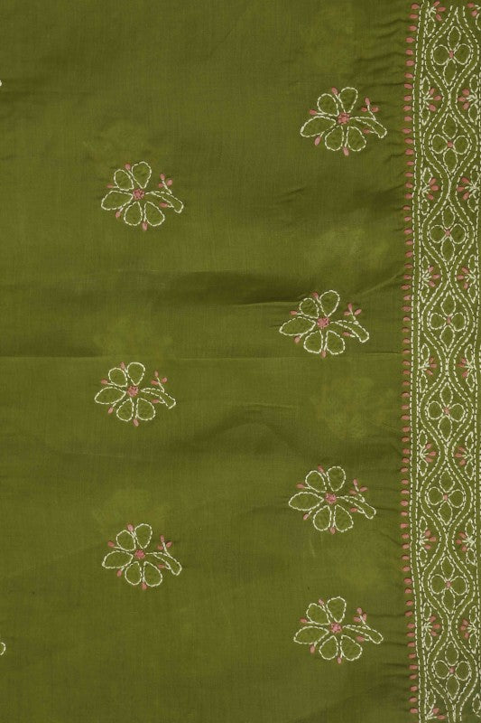 Ada Hand Embroidered Green Cotton Lucknowi Chikan Unstitched Suit Piece–A100245