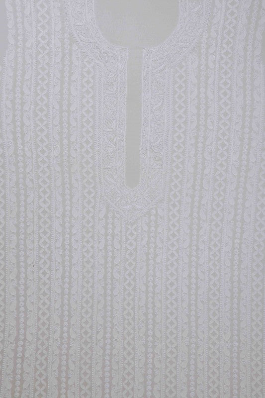 Ada Hand Embroidered White Pure Georgette Lucknowi Chikankari Unstitched Men's Kurta Piece A476146