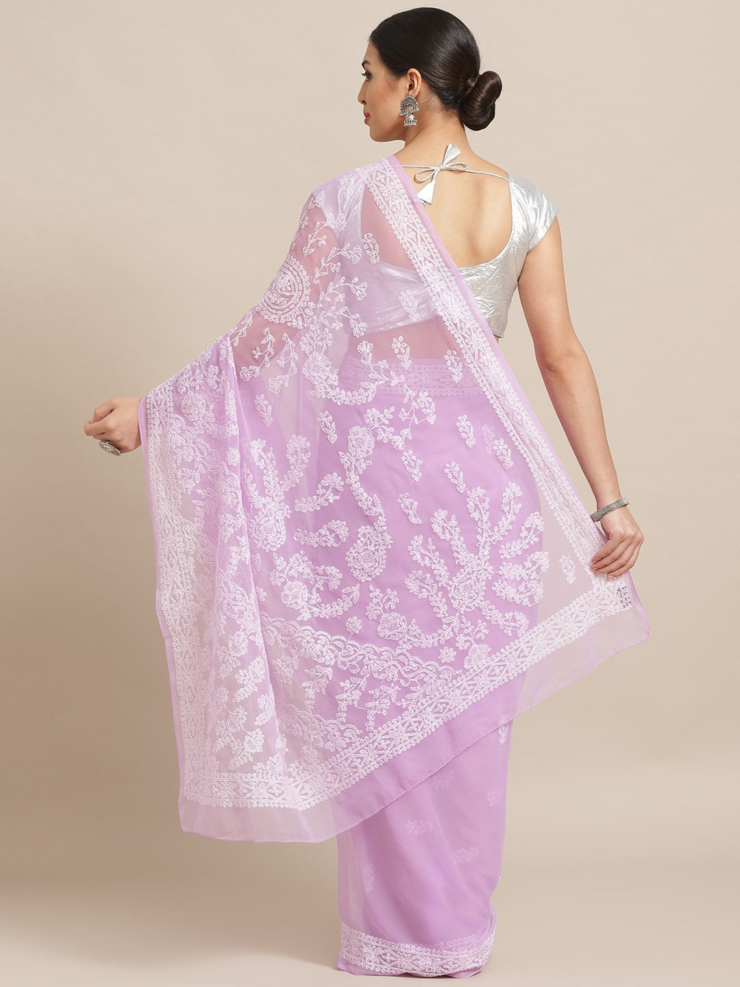 Ada Hand Embroidered Mauve Georgette Lucknow Chikan Saree With Blouse  A183518