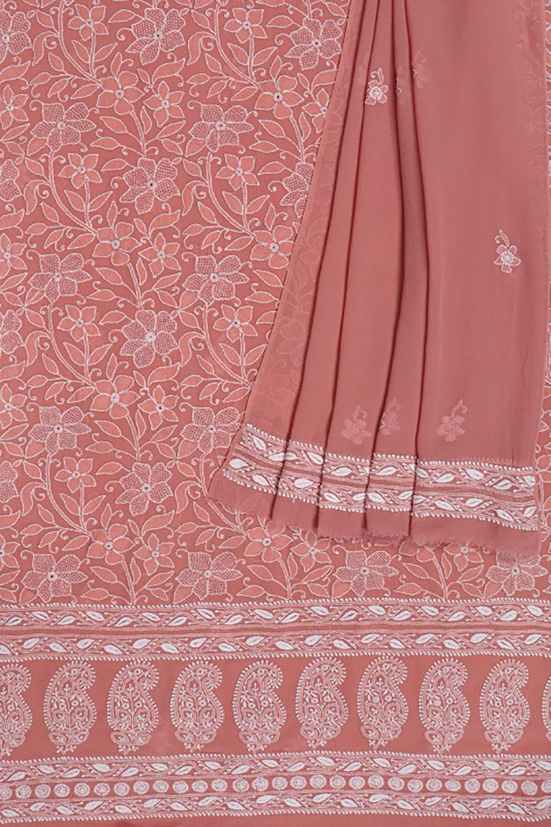 Ada Hand Embroidered Peach Pure Georgette Lucknowi Chikankari Unstitched Kurta Dupatta Set A489072