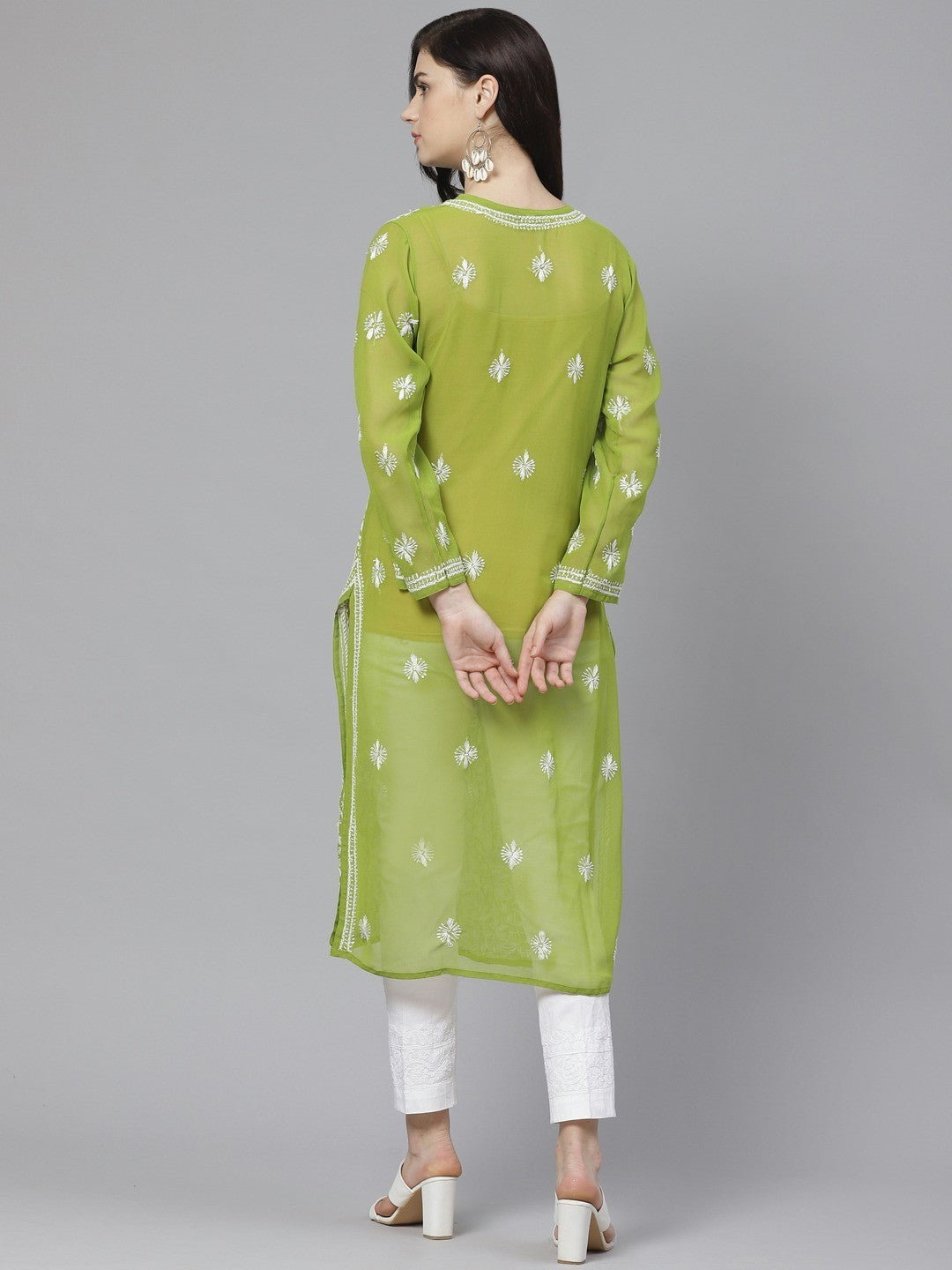 Ada Hand Embroidered Green Georgette Lucknowi Chikankari Straight Kurta/Trouser Set With Slip A100563