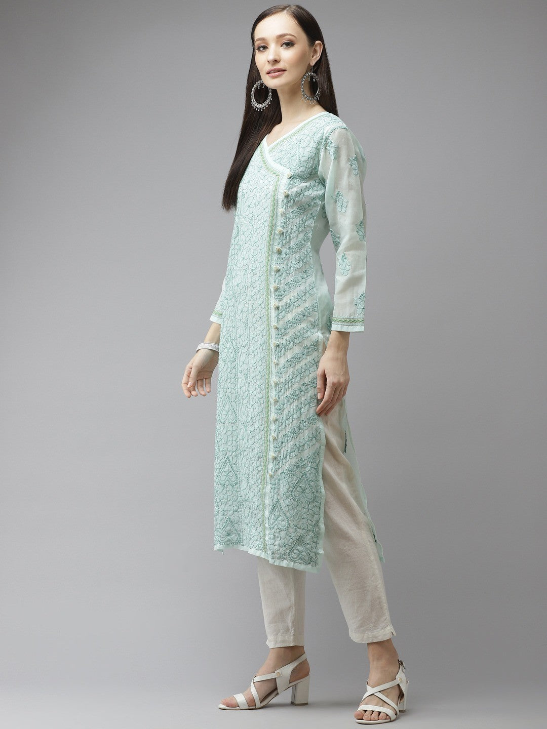 Ada Hand Embroidered Sea Green Cotton Lucknow Chikan Kurta A411319