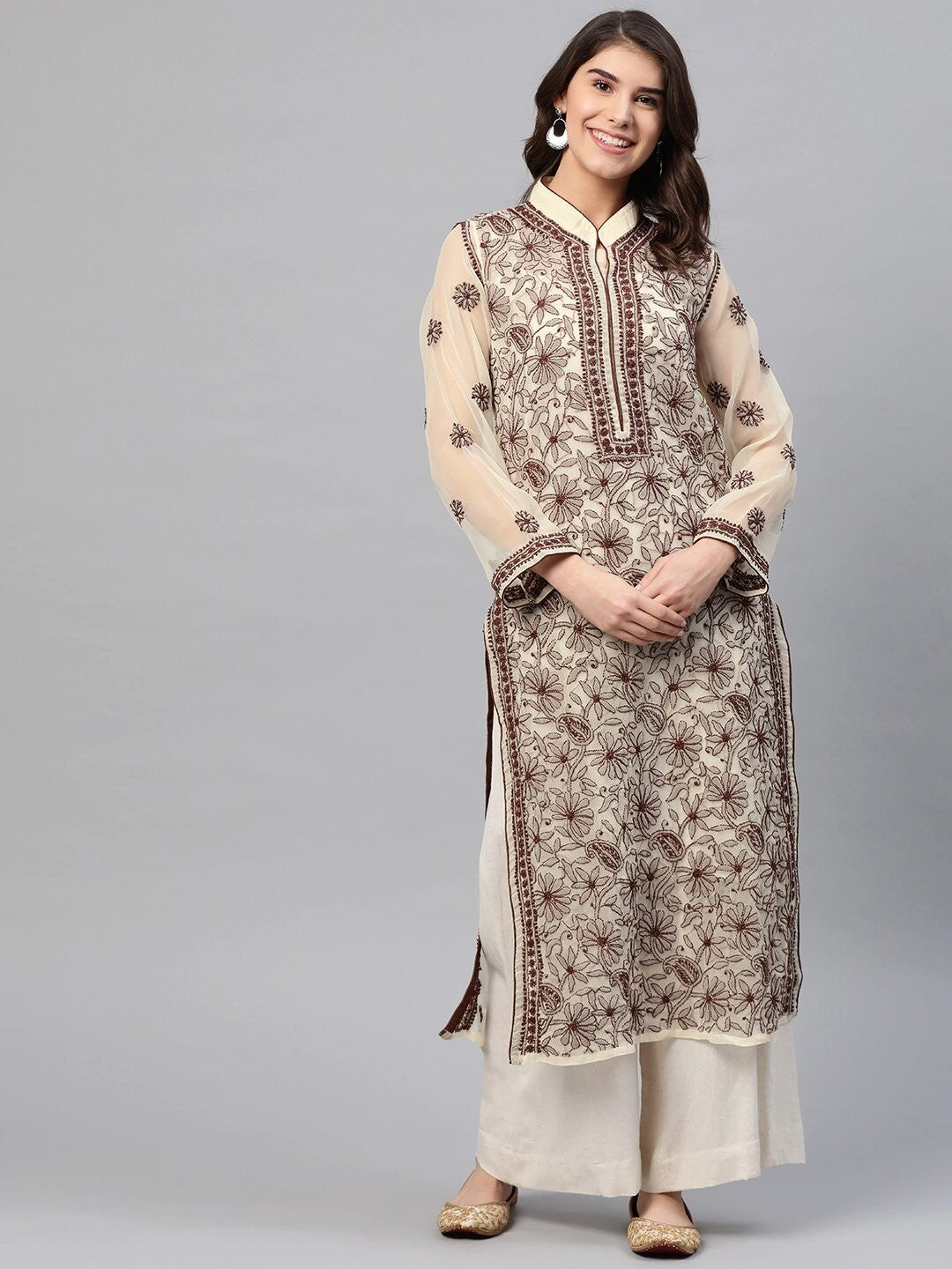 Ada Hand Embroidered Fawn Georgette Lucknowi Chikankari Straight Kurti with Slip A225189