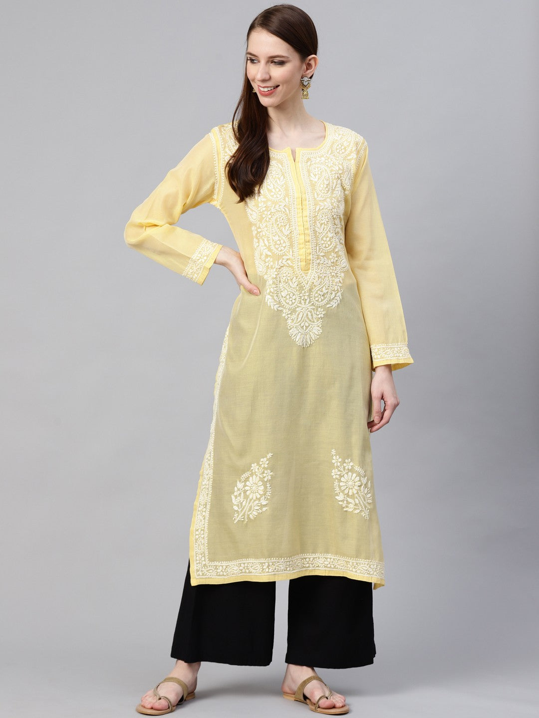 Ada Hand Embroidered Yellow Chanderi Lucknow Chikankari Kurta- A100597