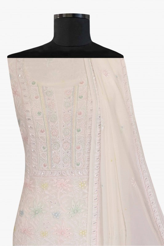 Ada Hand Embroidered White Pure Georgette Lucknowi Chikan Unstitched Kurta Dupatta Set with Pearl & Sequinned Work A466173