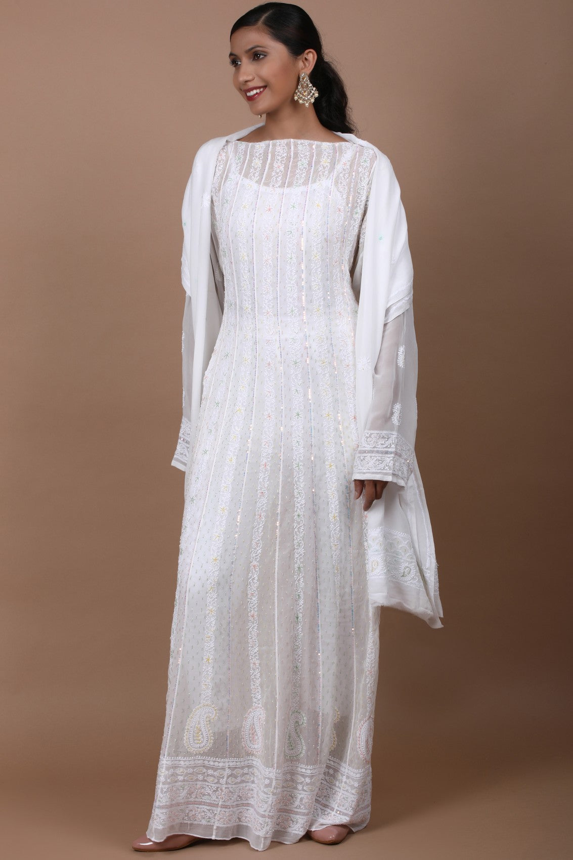 Ada Hand Embroidered White Georgette Lucknowi Chikankari Semi-Stitched Anarkali Kurta Dupatta Set With Sequinned Work 01A260997