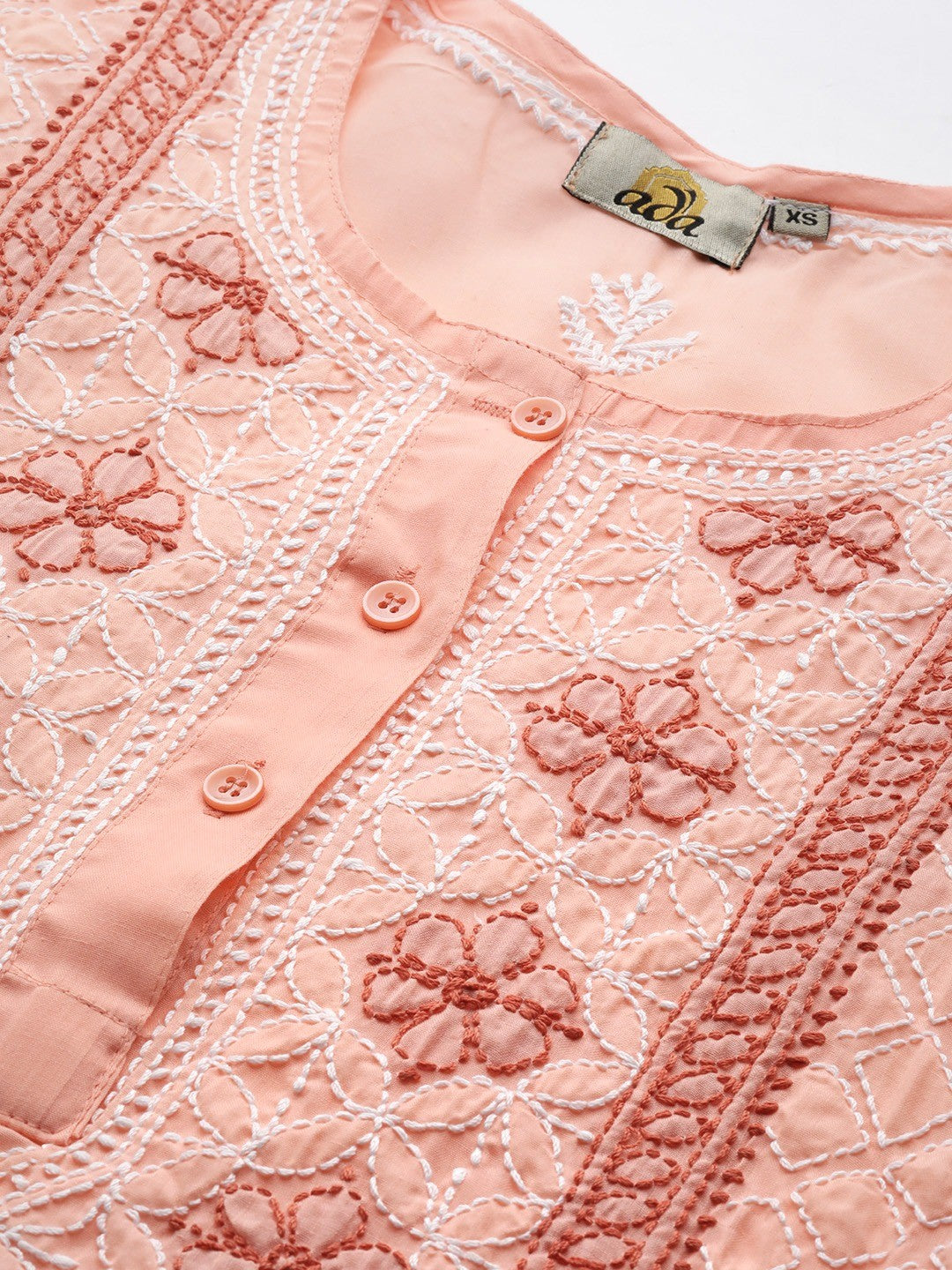 Ada Hand Embroidered Peach Cotton Lucknowi Chikankari Straight Kurti A911236
