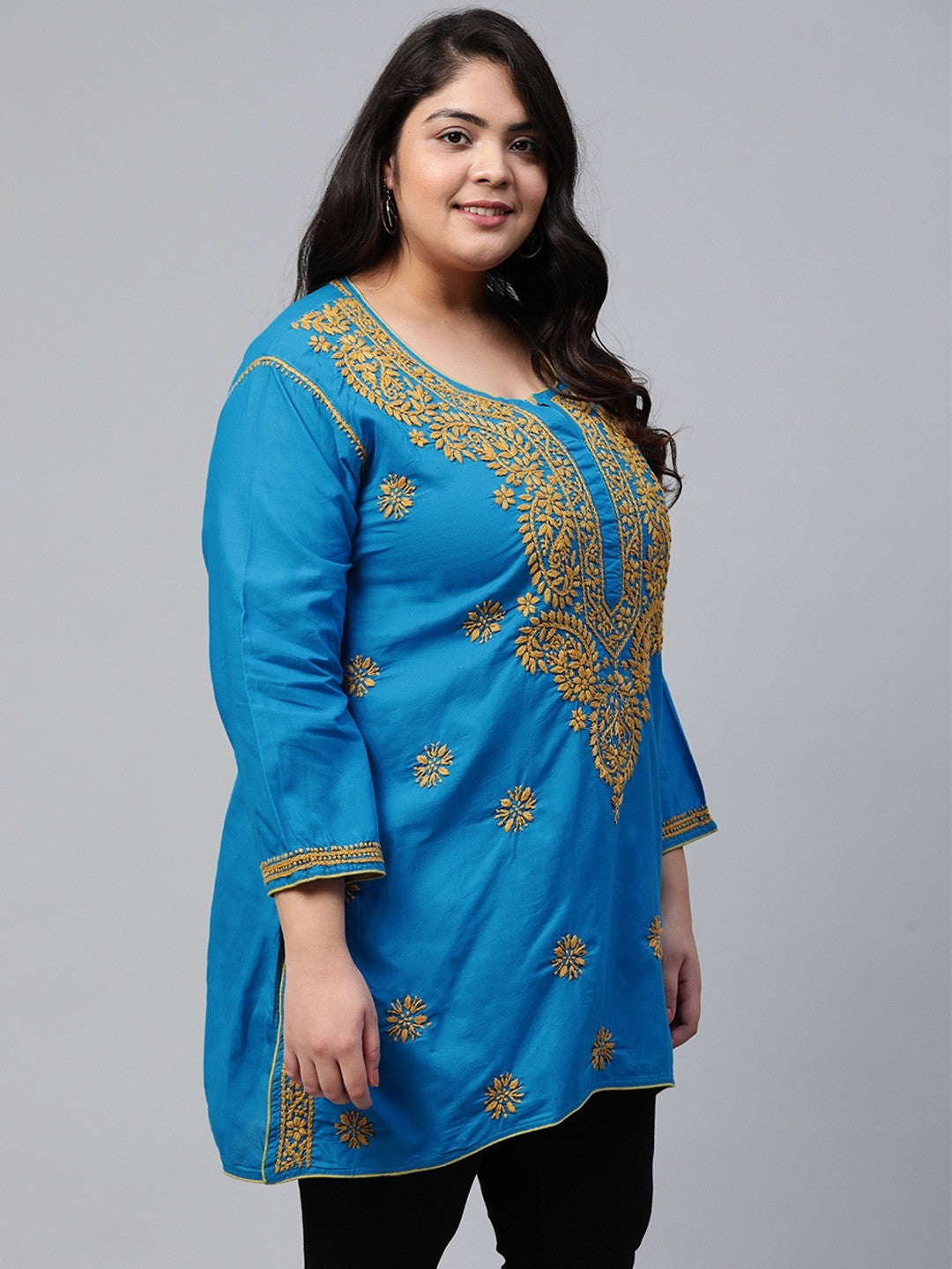 Ada Hand Embroidered Blue Cotton Lucknowi Chikankari Straight Kurti A250542