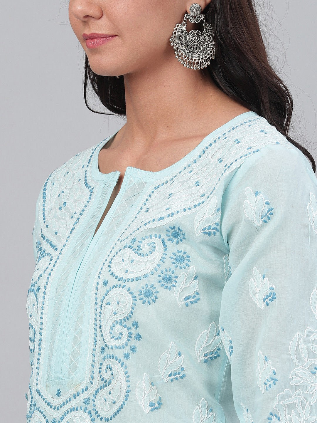 Ada Hand Embroidered Blue Cotton Lucknowi Chikankari Straight Kurta A227196