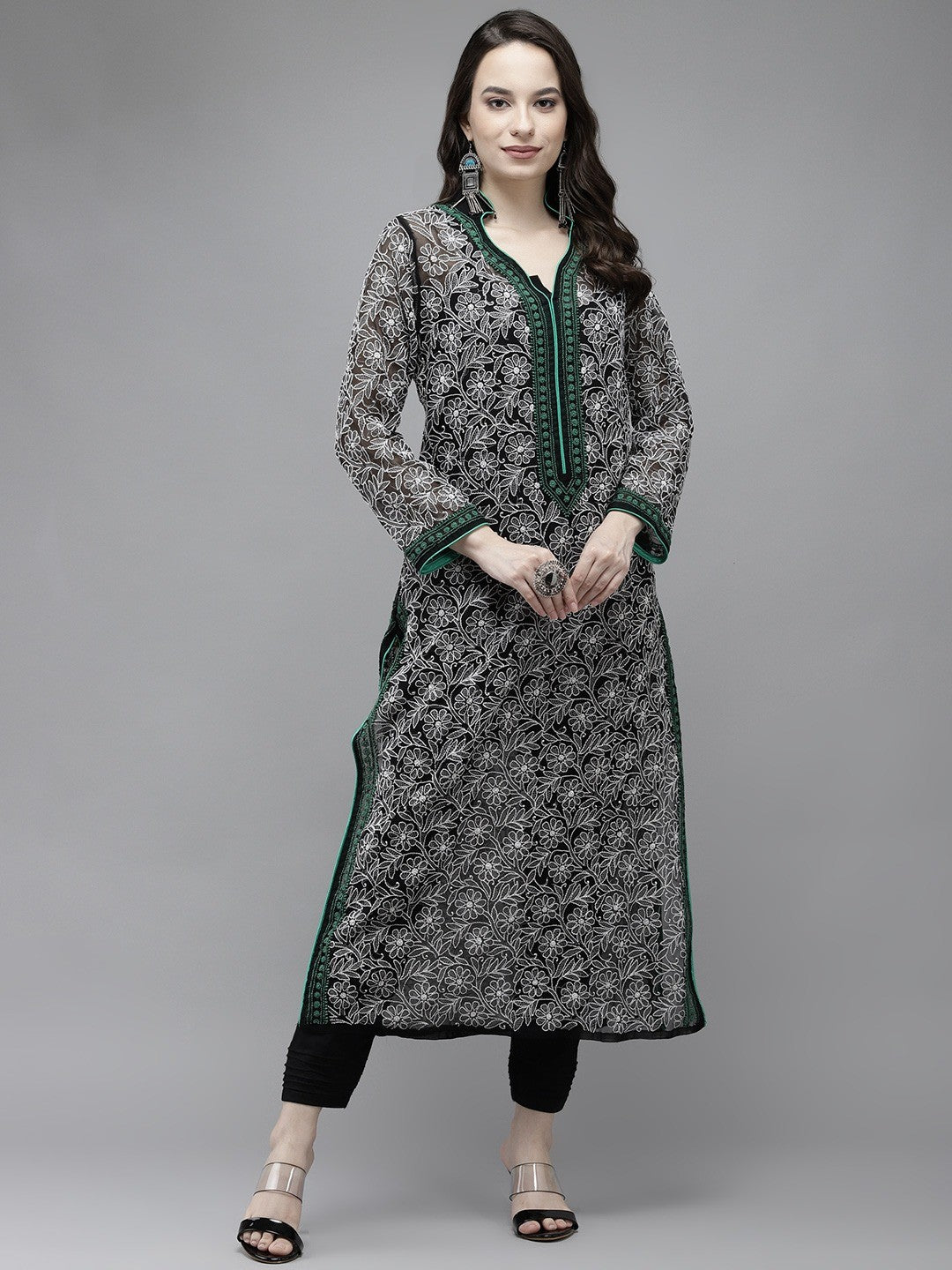 Ada Hand Embroidered Black Georgette Lucknow Chikan Kurta A411270