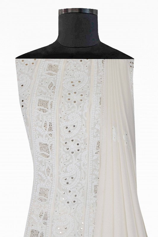 Ada Hand Embroidered White Pure Georgette Lucknowi Chikankari Semi-stitched Anarkali Kurta Dupatta Set With Muqaish Work- A597777