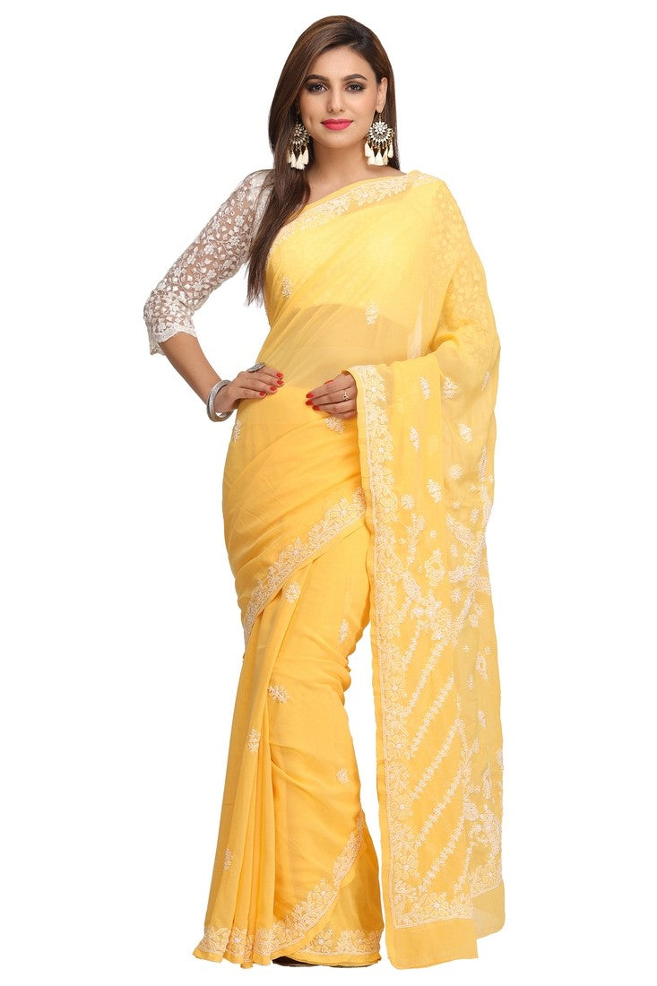 Ada Hand Embroidered Yellow Faux Georgette Lucknow Chikan Saree with Blouse A183593