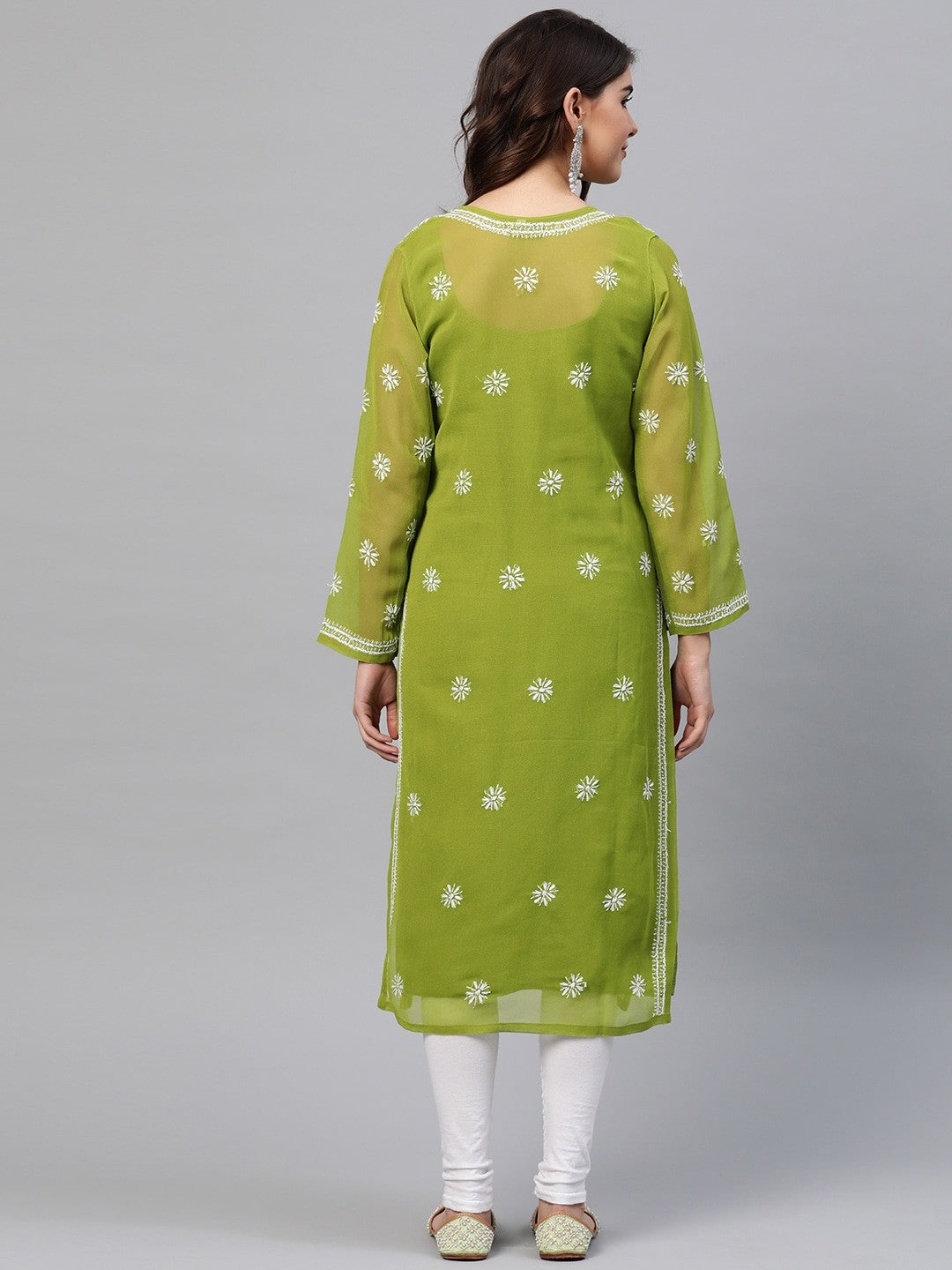 Ada Hand Embroidered Olive Green Georgette Lucknow Chikankari Straight Kurta with Slip A90406