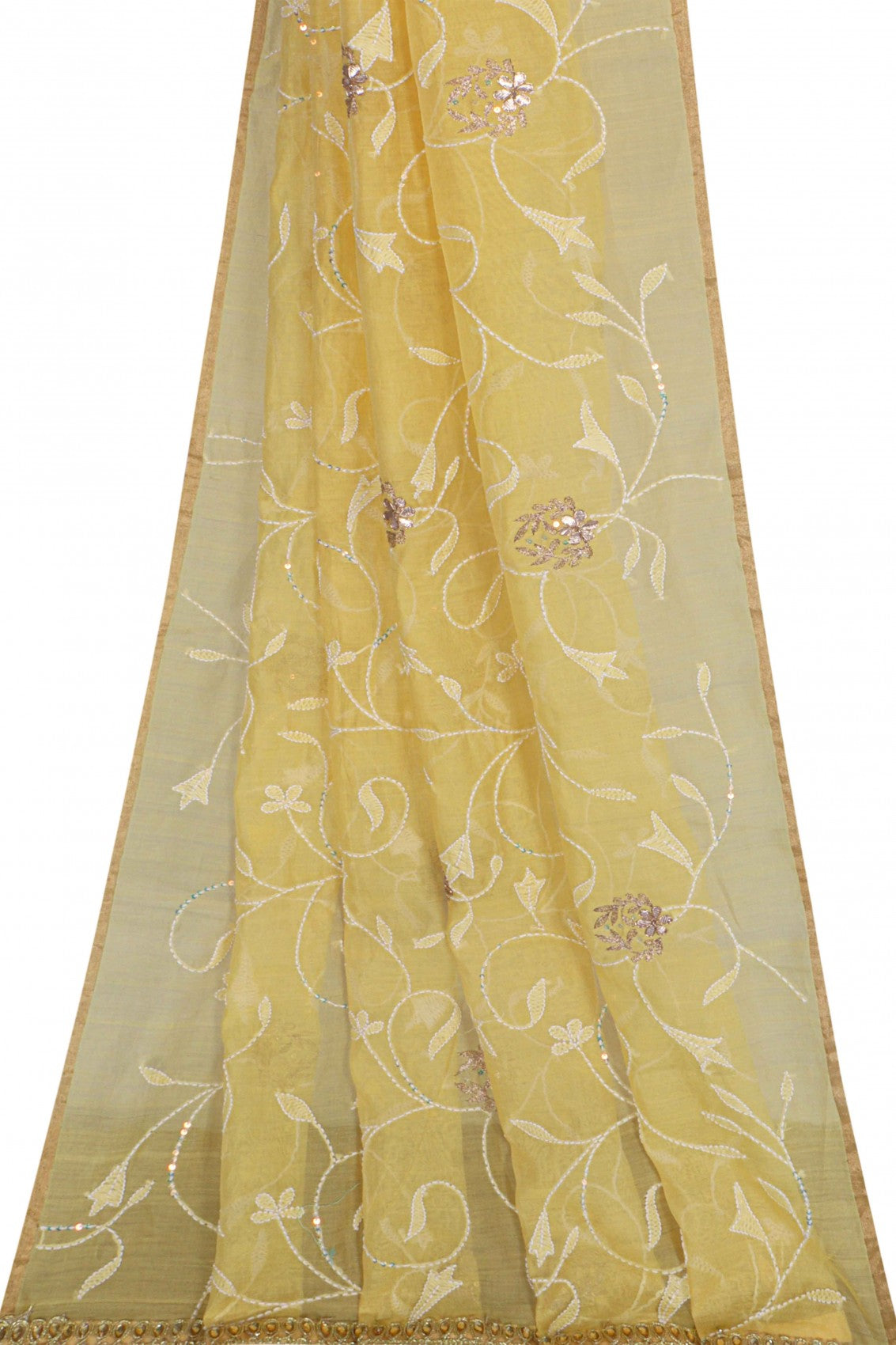 Ada Hand Embroidered Yellow Chanderi Lucknowi Chikankari Dupatta With Zari Work A105795