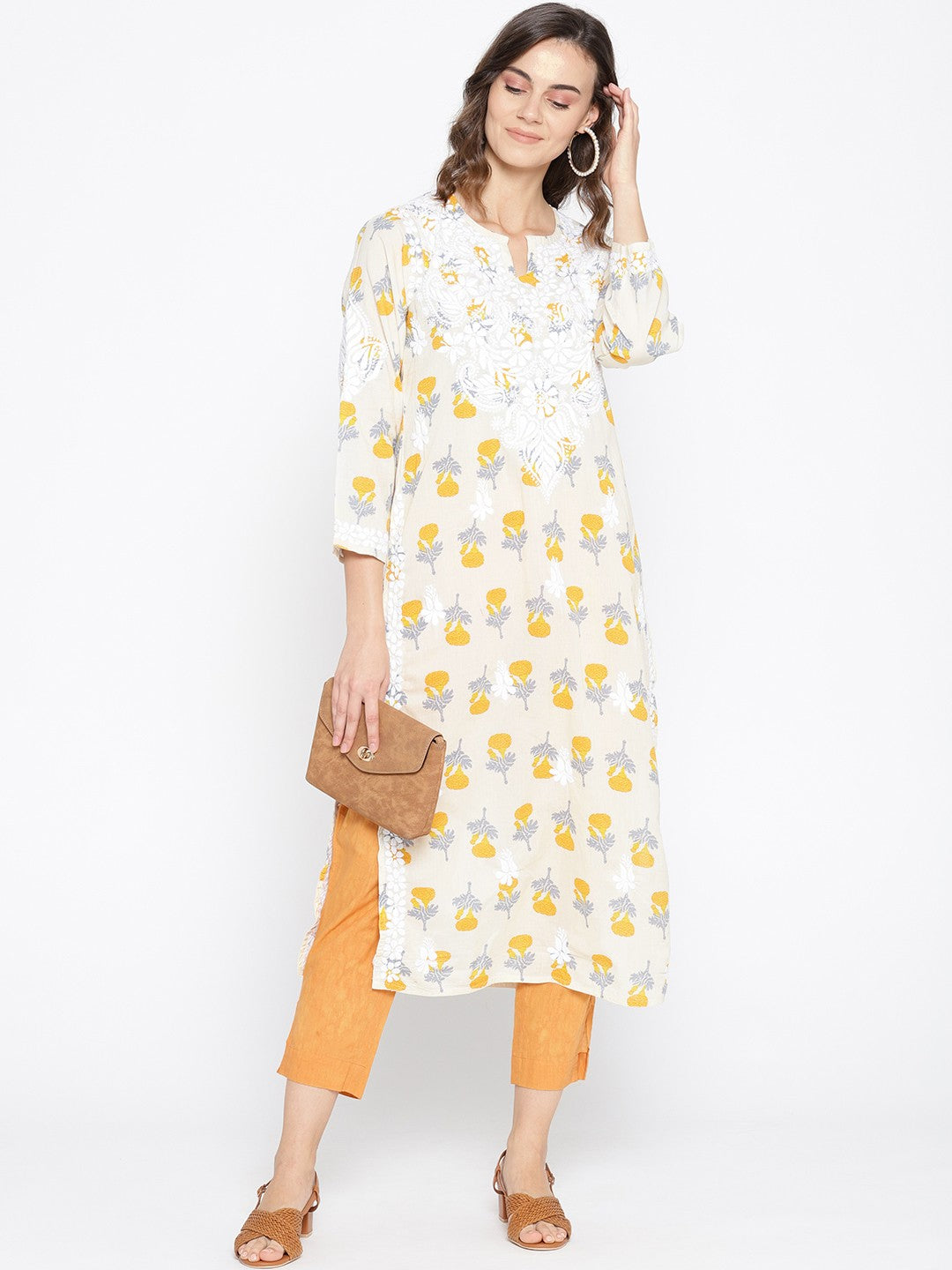 Ada Hand Embroidered Fawn Yellow Cotton Lucknow Chikankari Kurta- A100027