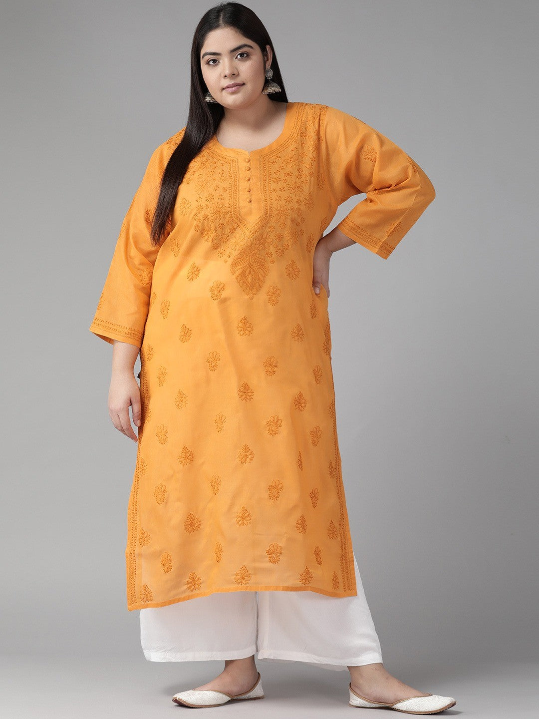 Ada Hand Embroidered Mustard Cotton Lucknowi Chikankari Straight Kurta A100366