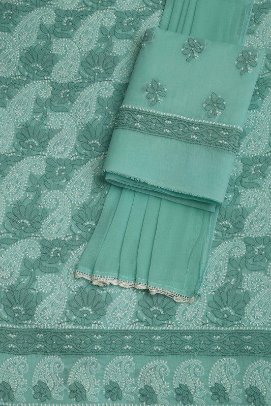 Ada Hand Embroidered Green Cotton Lucknowi Chikan Unstitched Suit Piece–A100244
