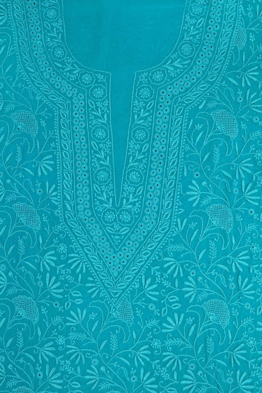 Ada Hand Embroidered Blue Pure Georgette Lucknowi Chikan Unstitched Kurta Dupatta Set A595017