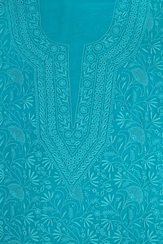 Ada Hand Embroidered Blue Pure Georgette Lucknowi Chikan Unstitched Kurta Dupatta Set A595017
