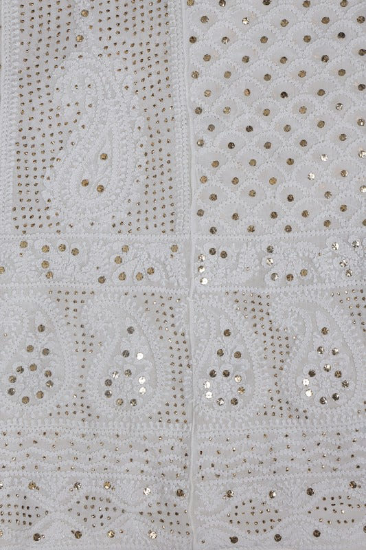 Ada Hand Embroidered White Georgette Lucknowi Chikankari Semi-stitched Anarkali Kurta Dupatta Set With Muqaish Work- A621527