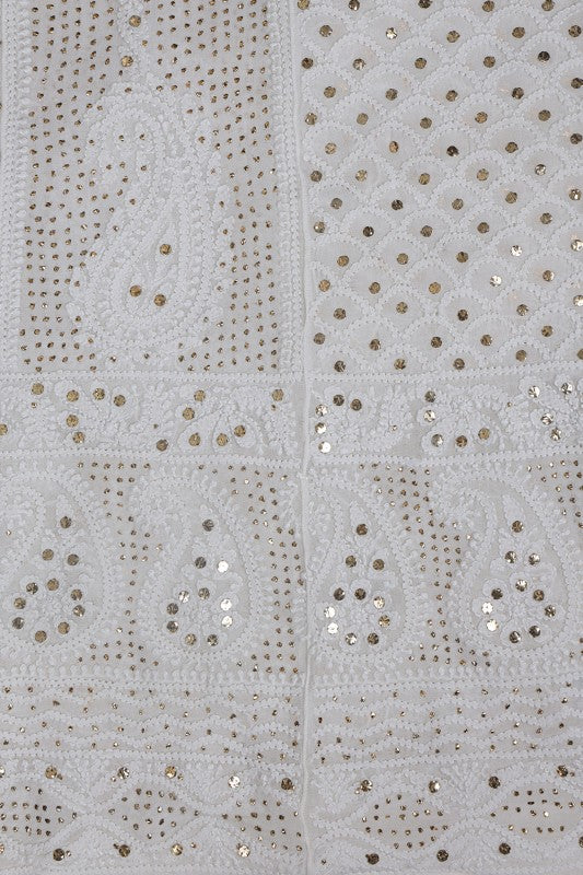 Ada Hand Embroidered White Georgette Lucknowi Chikankari Semi-stitched Anarkali Kurta Dupatta Set With Muqaish Work- A621527