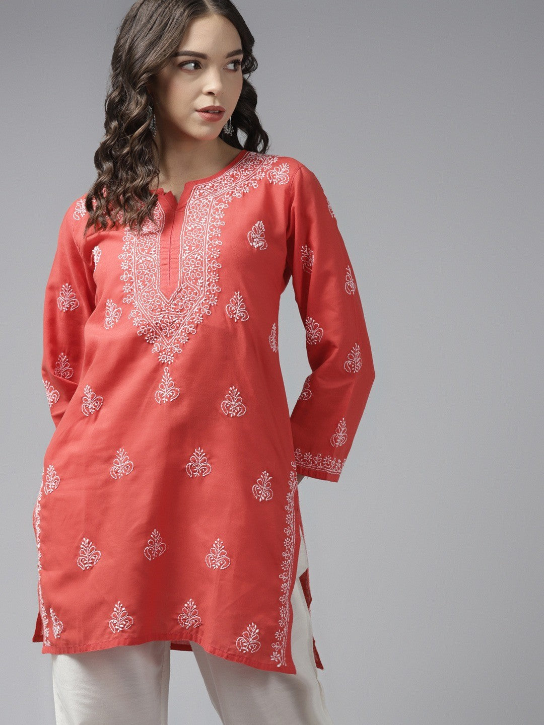 Ada Hand Embroidered Coral Red Cotton Lucknowi Chikankari Kurti A911160