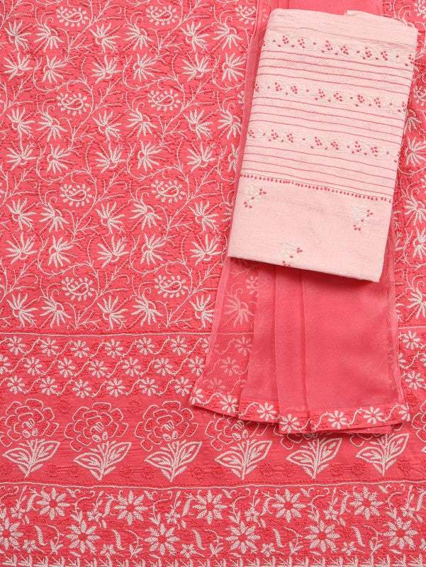 Ada Hand Embroidered Carrot Pink Cotton Lucknowi Chikankari Unstitched Suit Piece 01A101763