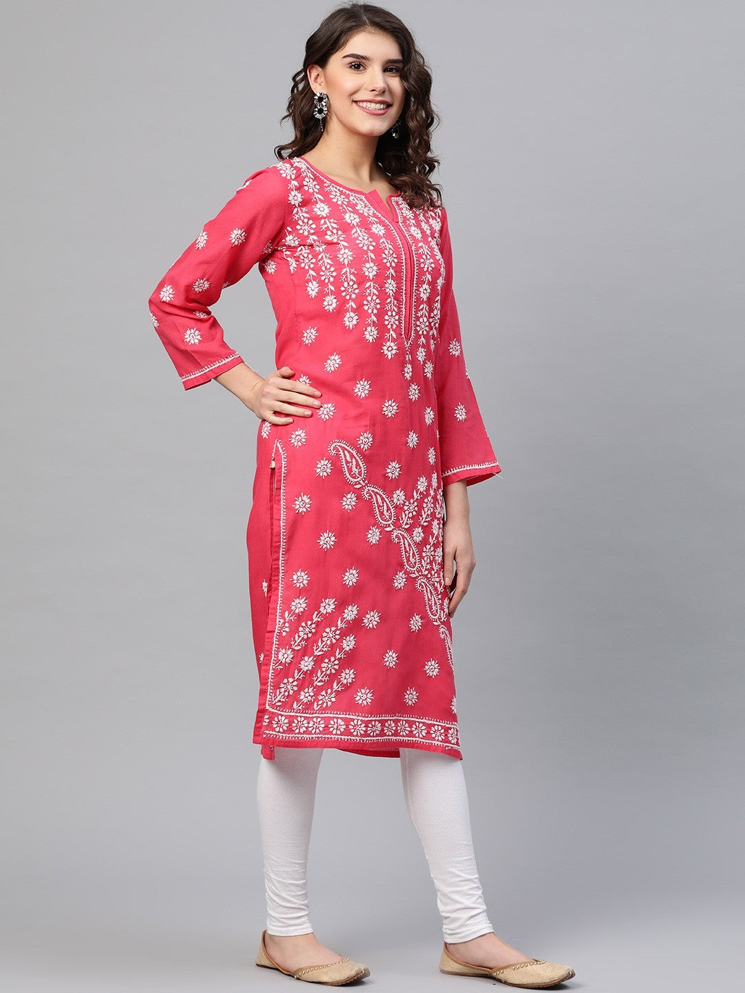 Ada Hand Embroidered Coral Pink Cotton Lucknow Chikankari Straight  Kurta  A133720