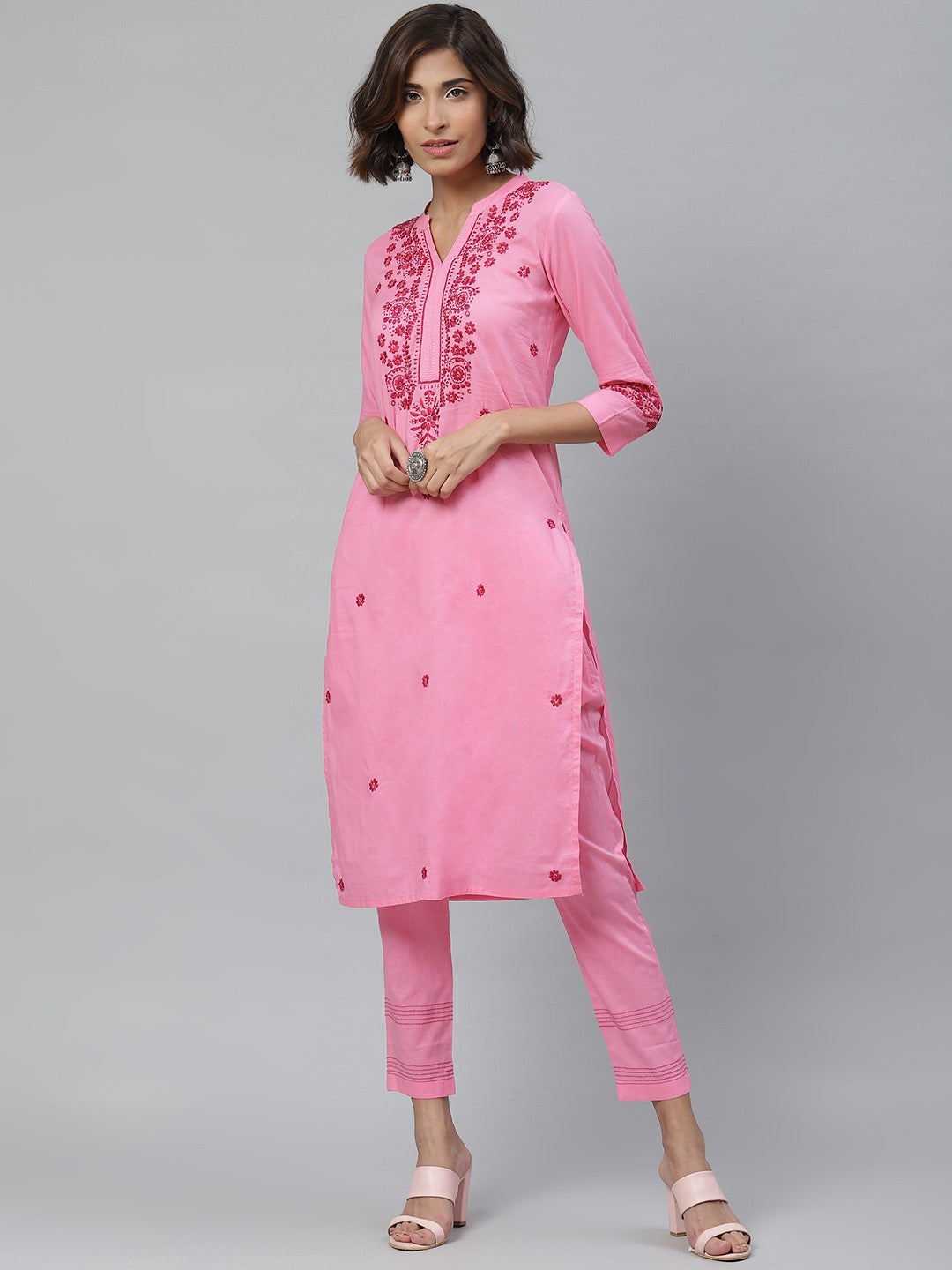 Ada Hand Embroidered Rose Pink Cotton Lucknowi Chikankari Straight Kurta With Trouser Set A100339