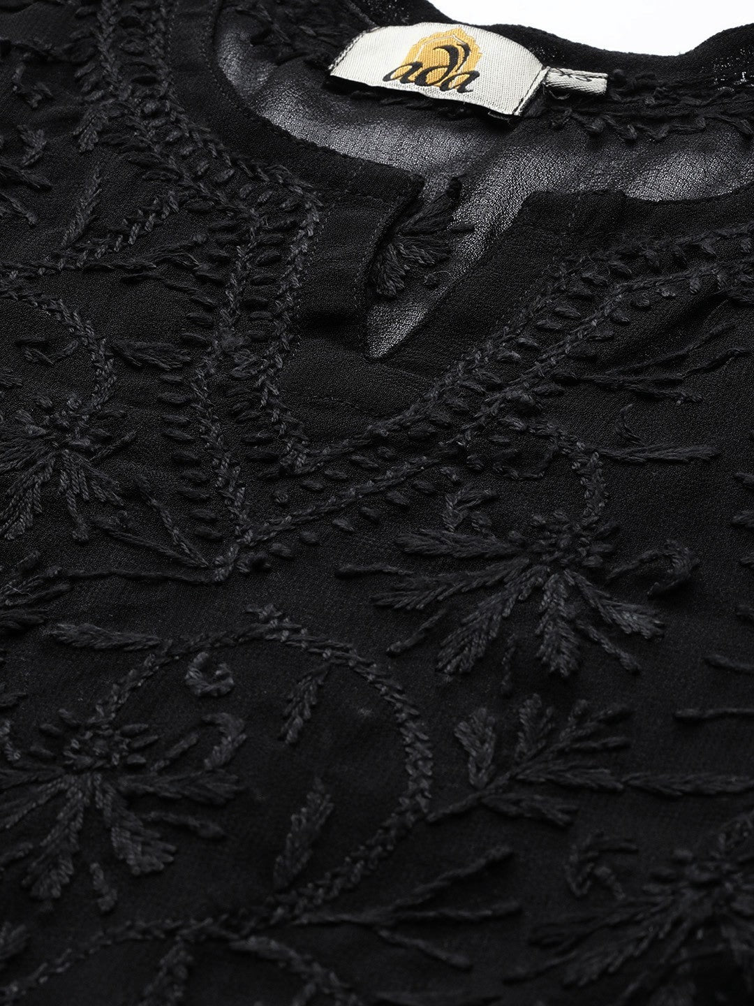 Ada Hand Embroidered Black Georgette Lucknow Chikankari Straight Kurta with Slip A200509