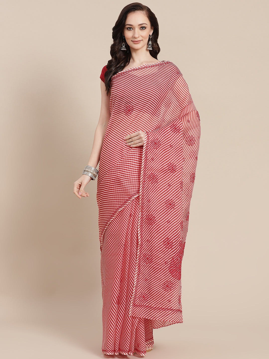 Ada Hand Embroidered Red Kota Lucknow Chikan Saree With Blouse A311352