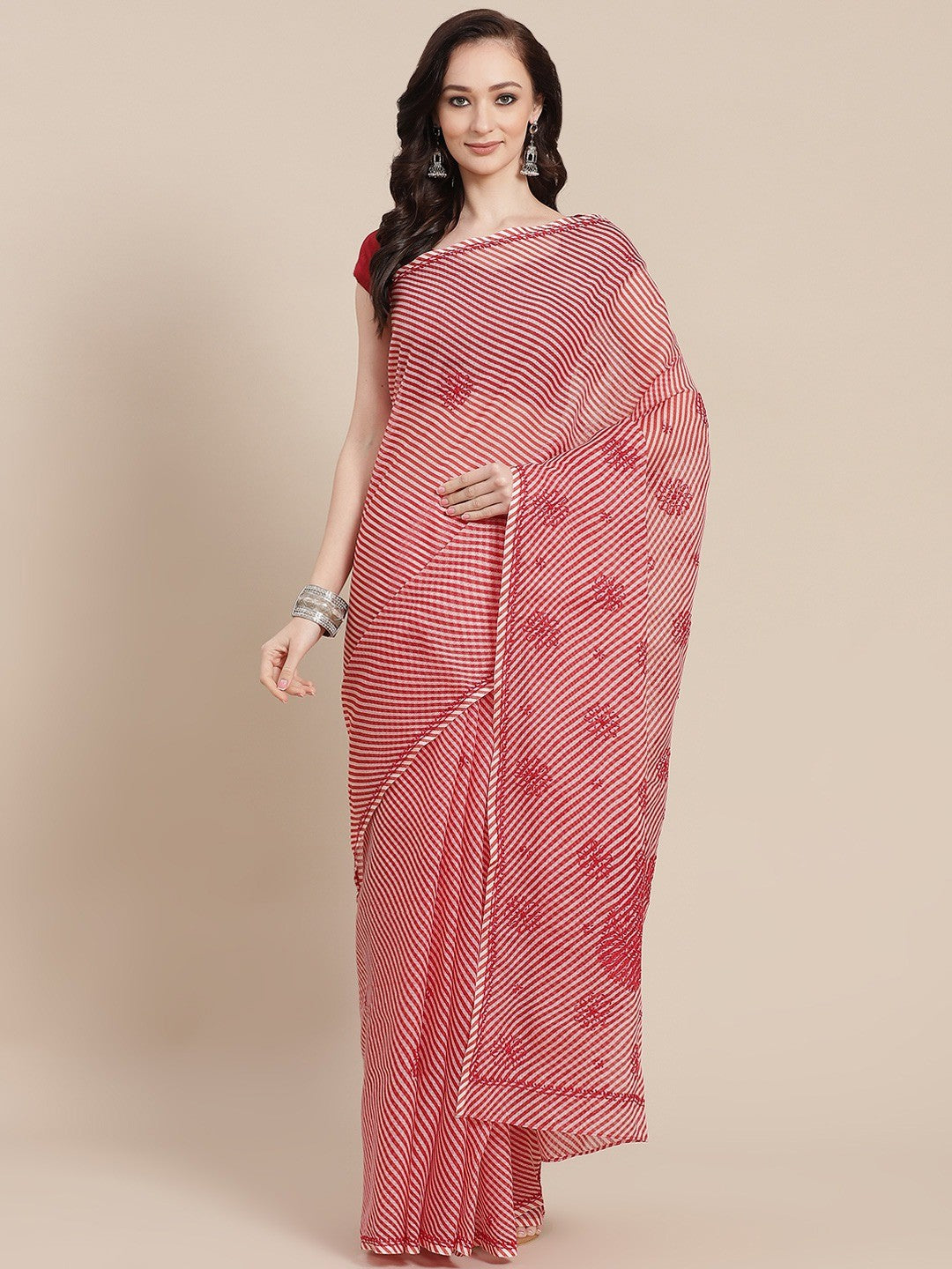Ada Hand Embroidered Red Kota Lucknow Chikan Saree With Blouse A311352