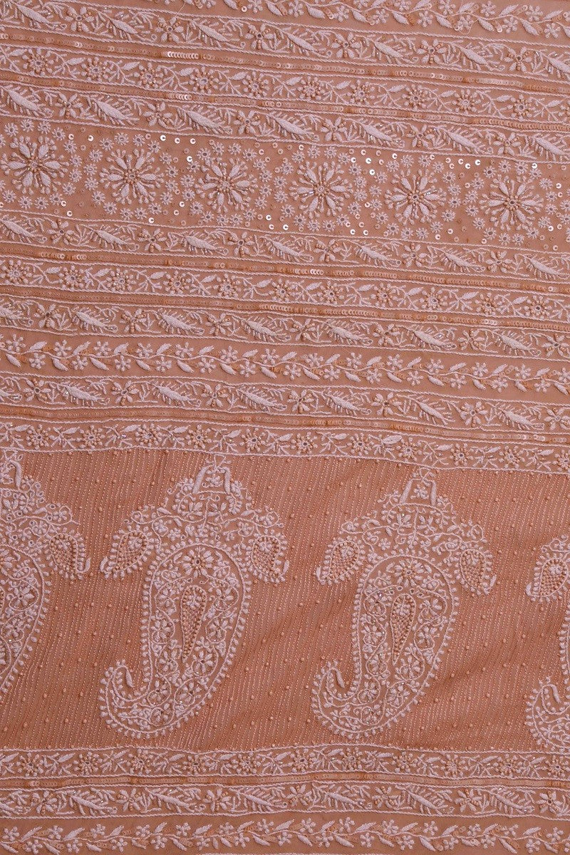 Ada Hand Embroidered Peach Pure Georgette Lucknowi Chikankari Saree/Blouse With Pearl & Sequinned Work -A230256