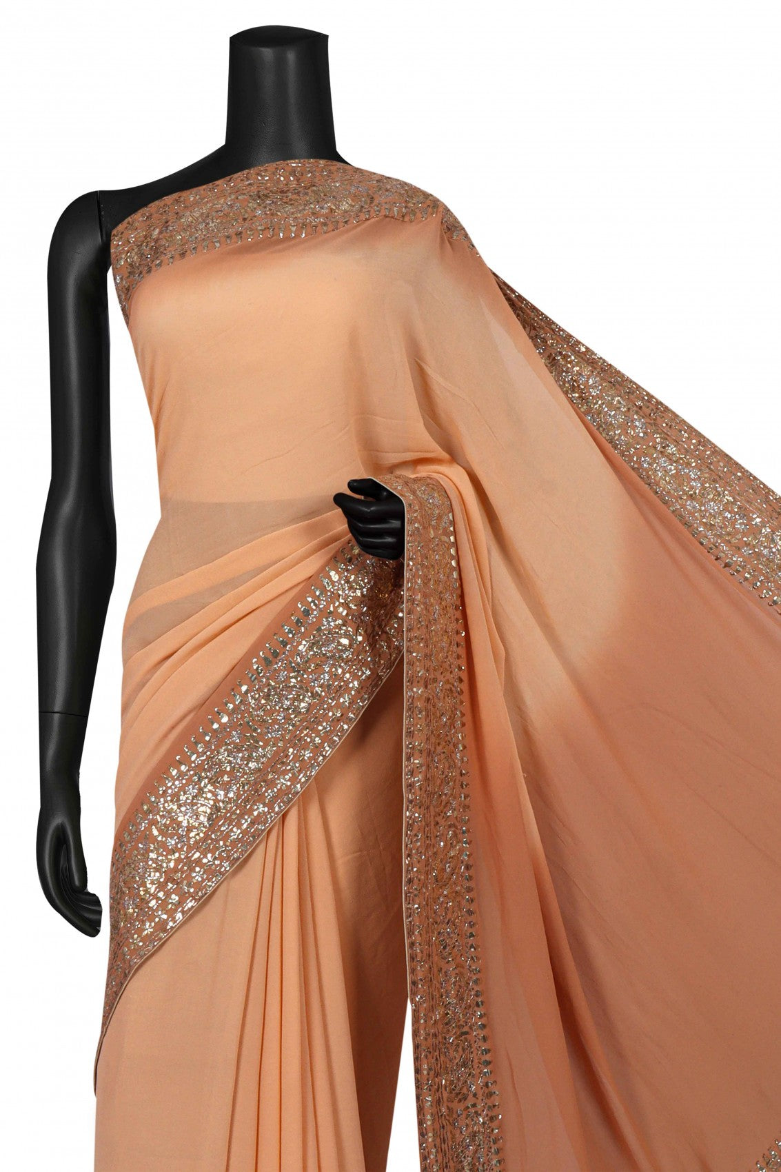 Ada Hand Embroidered Peach And Brown Ombre Shade Georgette Lucknowi Chikankari Saree/Blouse With Muqaish Work A601175