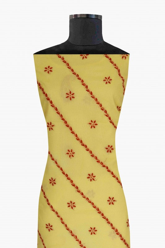 Ada Hand Embroidered Corn Yellow Kota Lucknowi Chikan Unstitched Kurta Piece - A460794