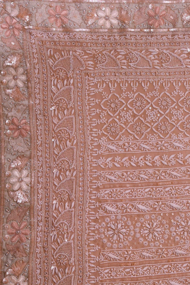 Ada Hand Embroidered Peach Pure Georgette Lucknowi Chikankari Saree/Blouse With Pearl & Sequinned Work -A230256