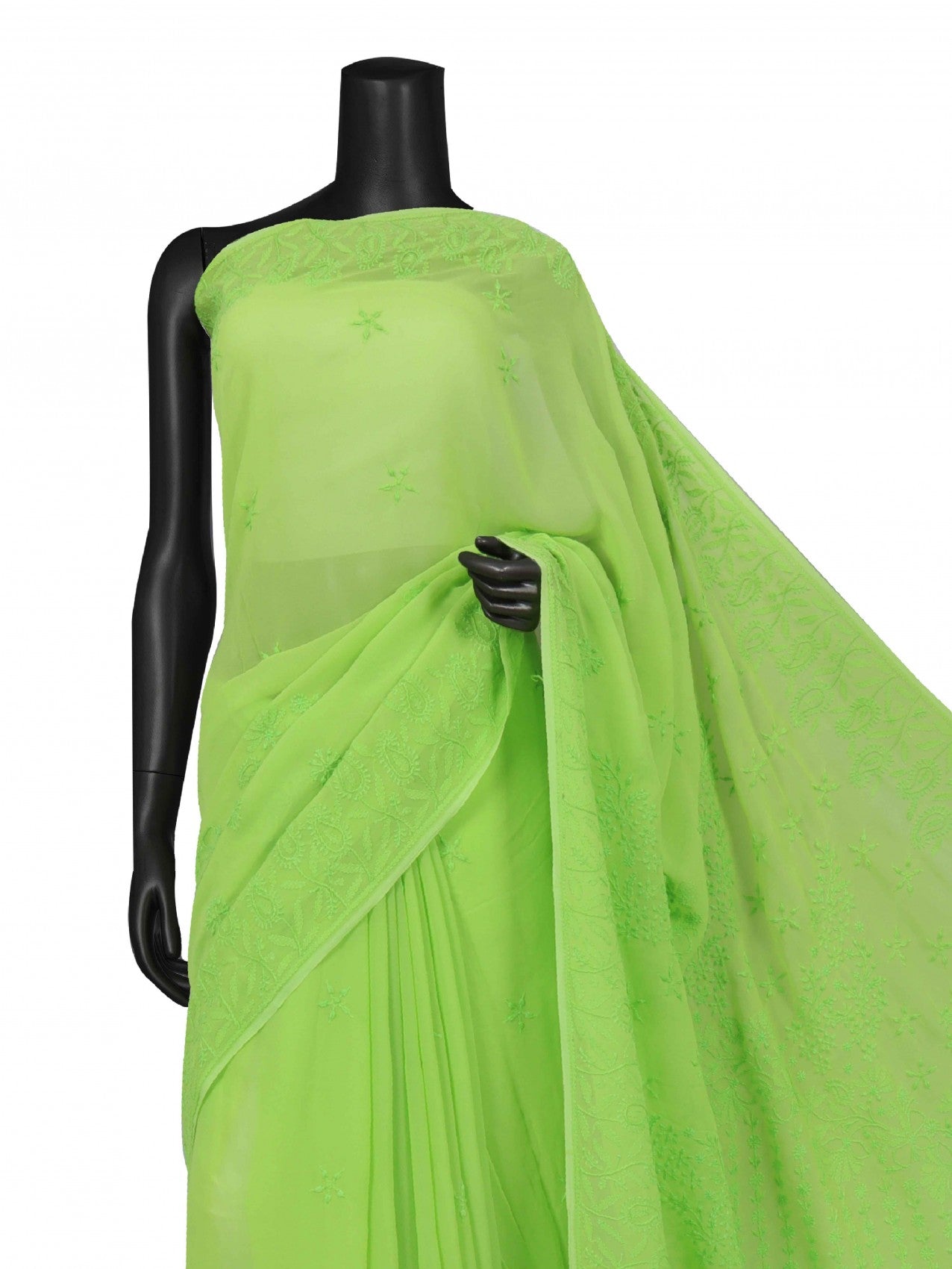 Ada Hand Embroidered Chartreuse Green Georgette Lucknowi Chikankari Saree with Blouse 01A131009