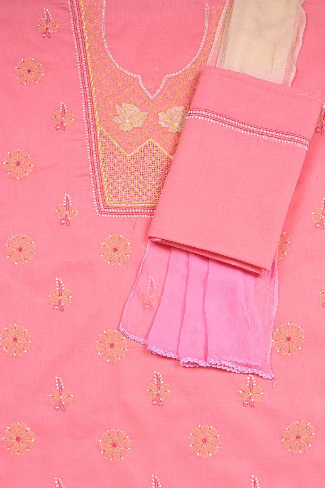 Ada Hand Embroidered Peach Cotton Lucknowi Chikankari Unstitched Suit Piece A610094