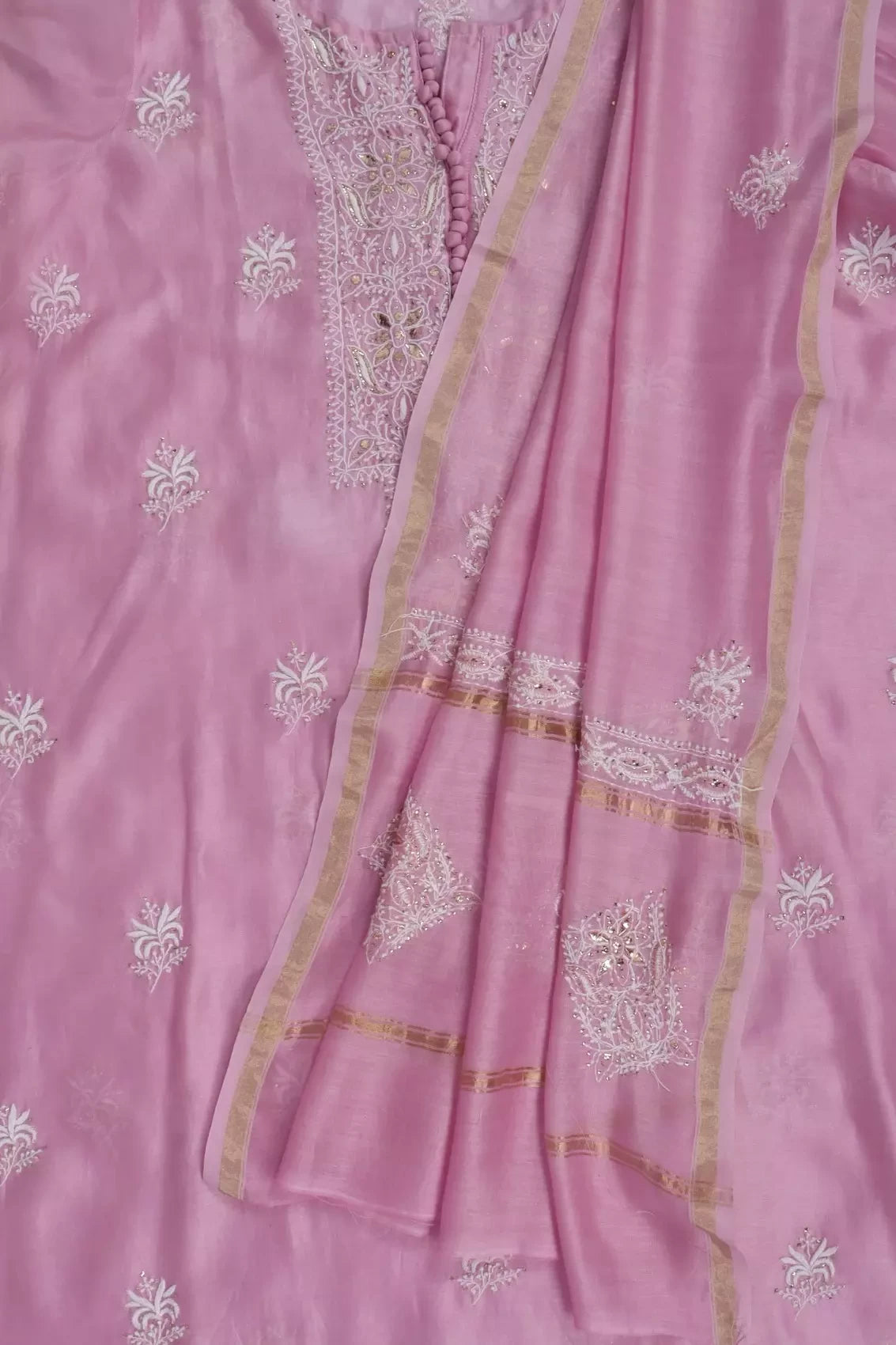 Ada Hand Embroidered Pink Chanderi Lucknowi Chikankari Unstitched Kurta Dupatta Set With Muqaish Work 01A216286