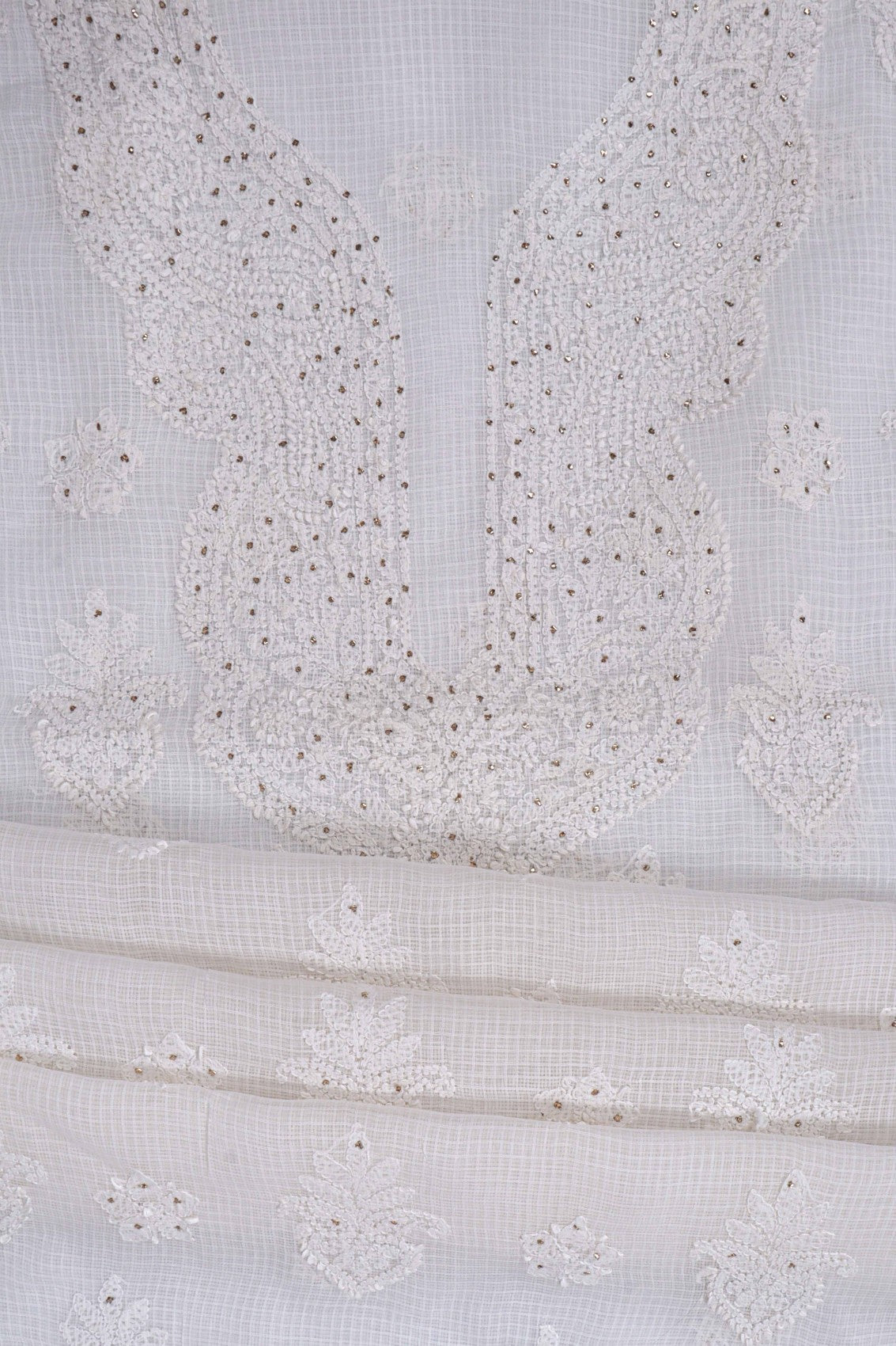 Ada Hand Embroidered White Kota Lucknowi Chikan Unstitched Kurta Piece With Muqaish Work A619162