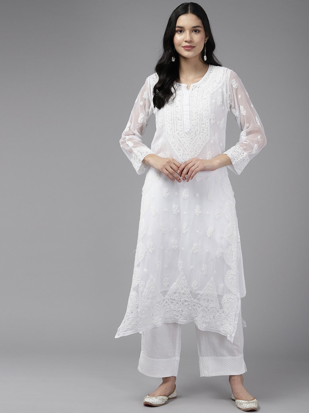 Ada Hand Embroidered White Georgette Lucknowi Chikankari Straight Kurta With Slip A411426