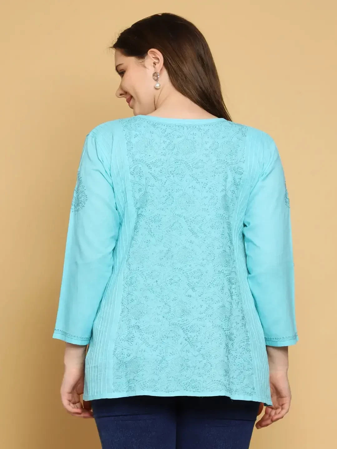Ada Hand Embroidered Sea Green Cotton Lucknowi Chikankari Straight Kurti A911310