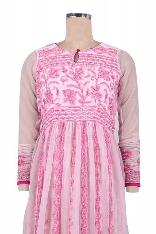 Ada Hand Embroidered Pink Georgette Lucknowi Chikan Stitched Anarkali Kurta with Pearl Work A40049