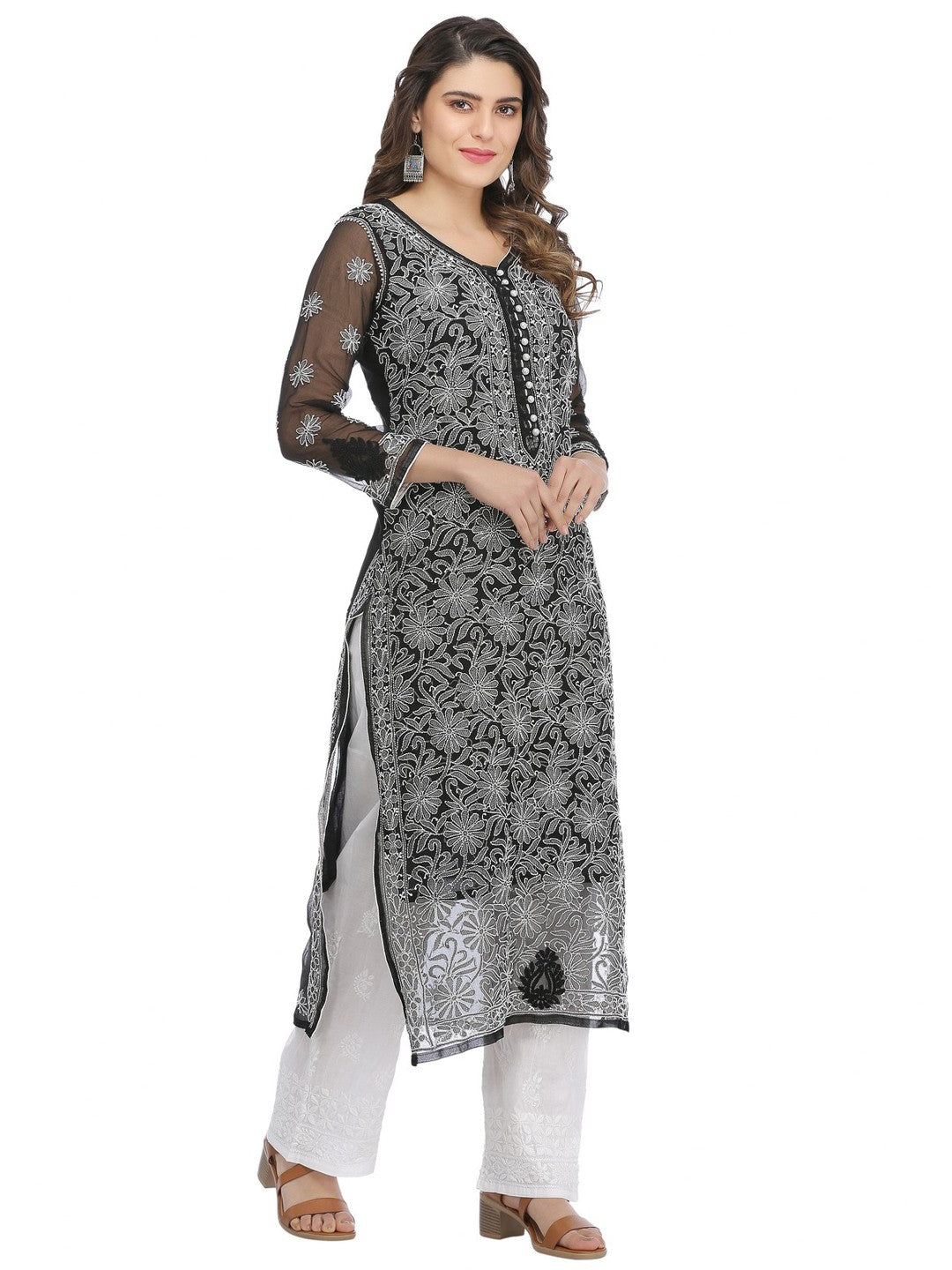 Ada Hand Embroidered Black Georgette Lucknowi Chikankari Straight Kurta with Slip A392886