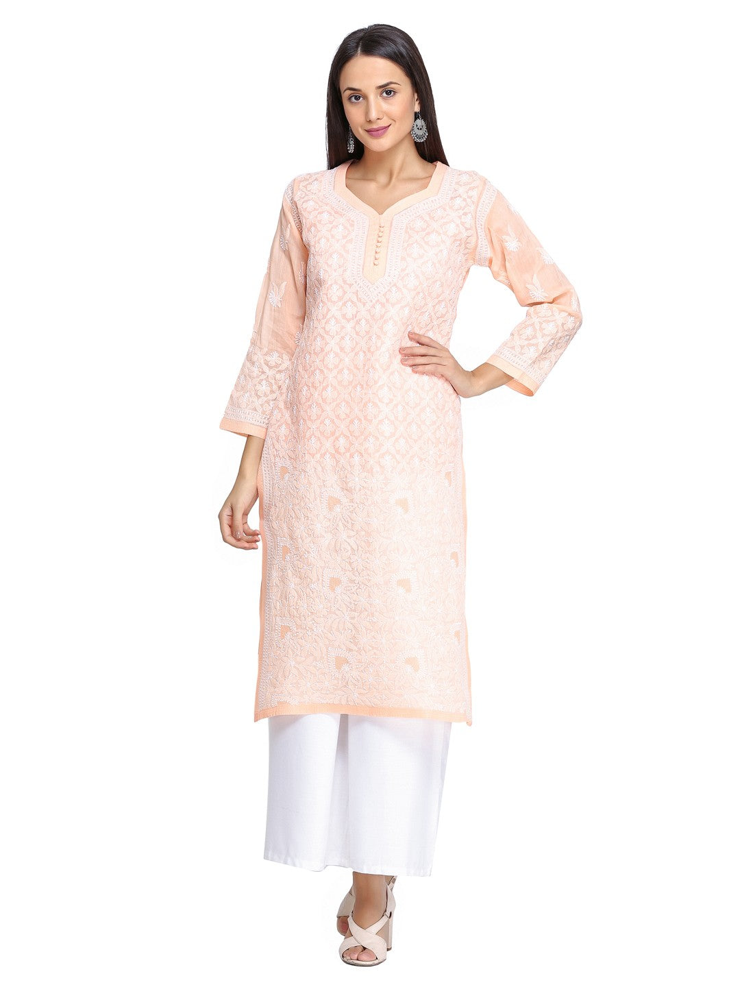 Ada Hand Embroidered Peach Cotton Lucknowi Chikankari Straight  Kurta A249258