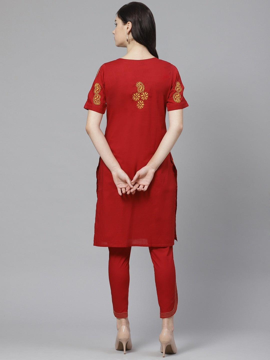 Ada Hand Embroidered Maroon Cotton Lucknowi Chikankari Straight Kurta With Trouser Set A100331