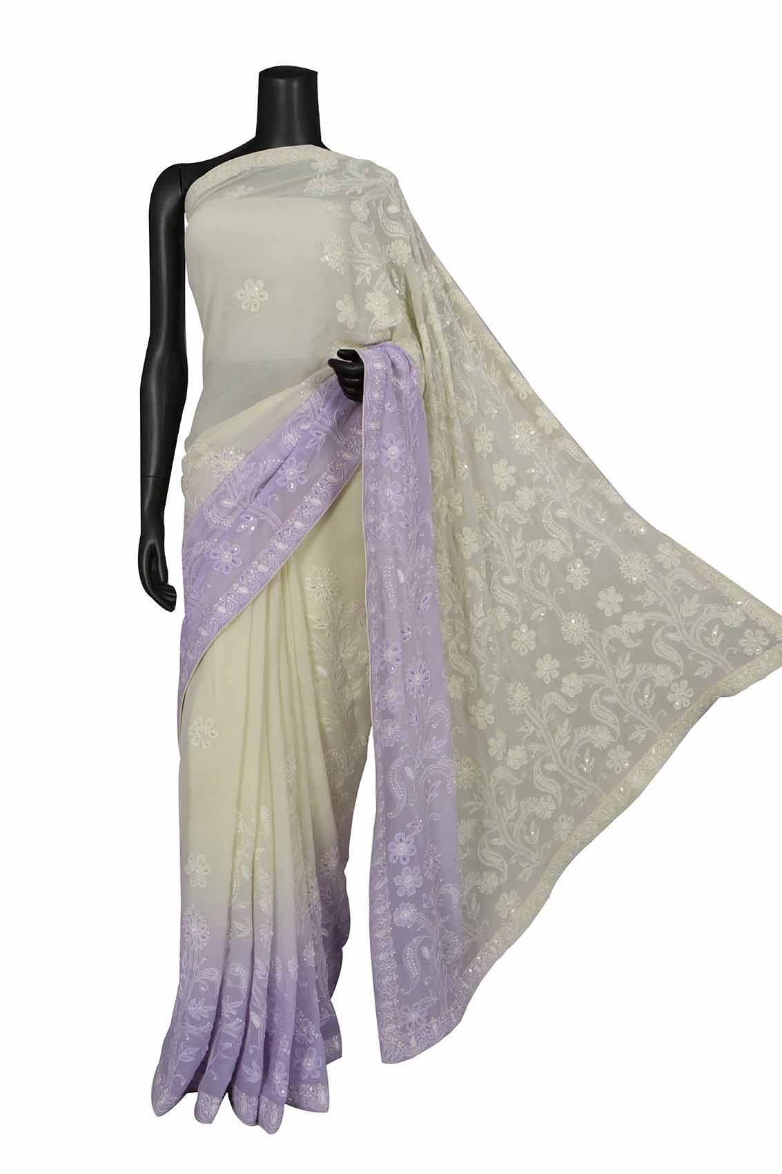 Ada Hand Embroidered Mauve & Cream Ombre Shade Pure Georgette Lucknowi Chikankari Saree/Blouse with Cutdana Work A393538